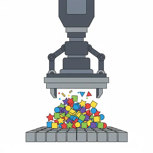 多様な色と形のブロックが、巨大なロボットアームによって強制的に一つの灰色で四角い型に押し込まれ、個性が失われている様子を表すイラスト
