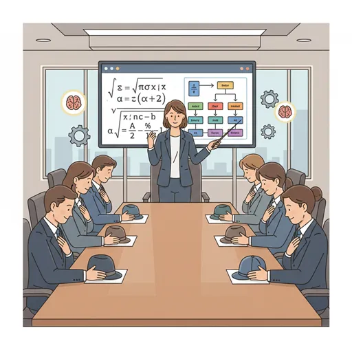 難しい問題や戦略（複雑な数式や地図）を完璧に解決した人物に対し、他の人物たちが脱帽し、頭を下げて実力を認めている様子