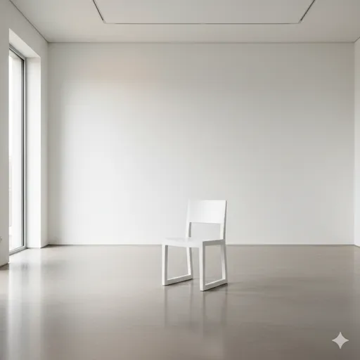 白い空間に置かれた一脚の美しい椅子と、差し込む光の影。余計なものを排除した機能美としての簡素化のイメージ。