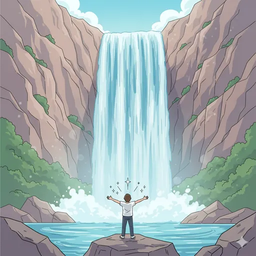 雄大な自然の絶景（巨大な山脈や滝）を前に、小さく描かれた人物が圧倒され、両手を広げて感動しているイラスト