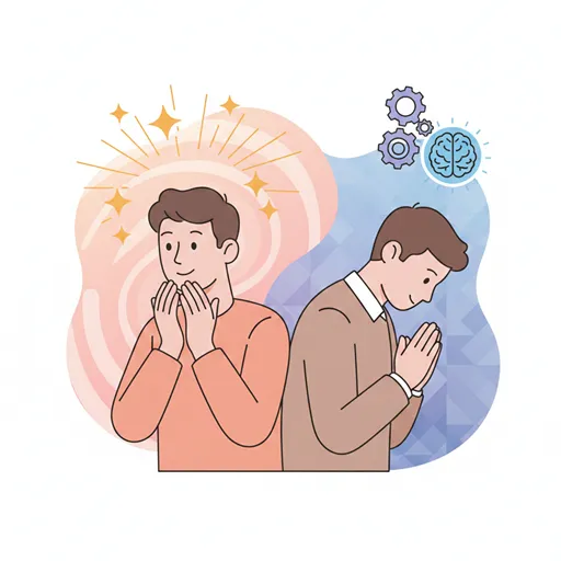 「感嘆」を、美しい光景に目を輝かせ驚きの声を上げる人物として、「感服」を、頭を下げて心から敬意を払い相手の実力を認める人物として対比させたイラスト