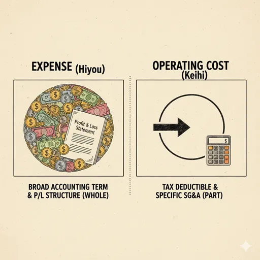 「経費」と「費用」の違いを「定義(Definition)」や「範囲(Scope)」などで比較したインフォグラフィック
