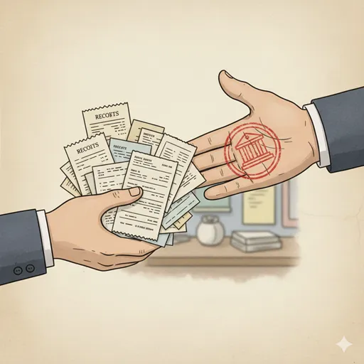 一人の人物が持っているレシートや領収書の束を、税務署を象徴する手に提出している様子。経費精算と税務上の控除(特定の運営費用)を象徴している