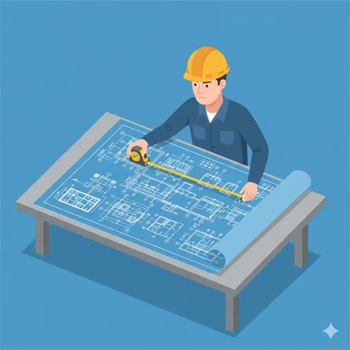 建物（目標）を建設するために、具体的な寸法や手順が厳密に書き込まれた設計図（青写真）を広げている様子を表すイラスト