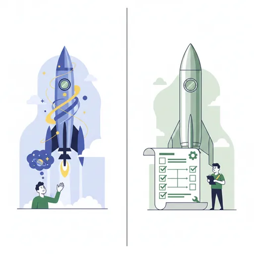 「企画」をロケットの打ち上げを夢見る独創的なアイデア（発射台）として、「計画」を打ち上げを成功させるための緻密で正確な手順書（チェックリスト）として対比させたイラスト