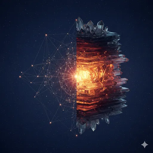 複雑な星座を結ぶ論理的な線（経験則）と、内側から光り輝きエネルギーを蓄える結晶（経験値）を対比させたイラスト。