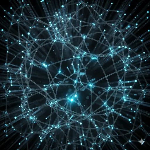 複雑に交差し、光が駆け巡る電子基板やネットワーク回路。情報がどこを経由したかという「経路」を象徴している。