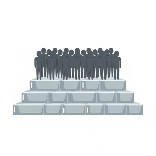 高品質で安定した基礎（均一）の上に、個性が一律に統制された（画一）人物の集団が乗っており、品質と多様性のバランスが崩れている状況を表すイラスト
