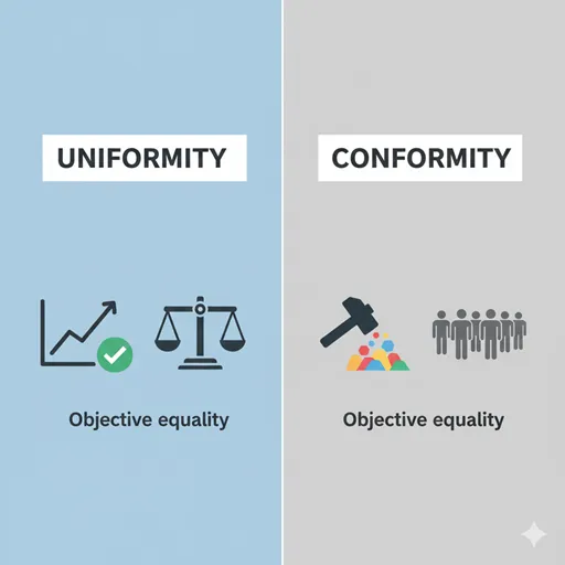 「均一」と「画一」の違いを「発生源（Origin）」「ニュアンス（Connotation）」などで比較したインフォグラフィック