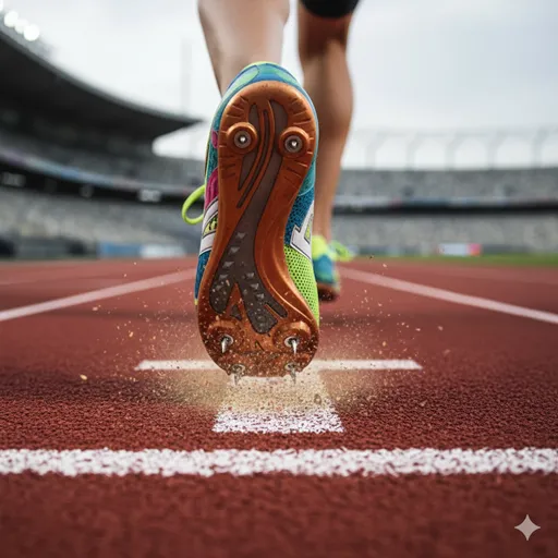 陸上トラックのスタートラインで、力強く地面を蹴り出した瞬間のランナーの足元。エネルギーの爆発と「起点」を象徴。