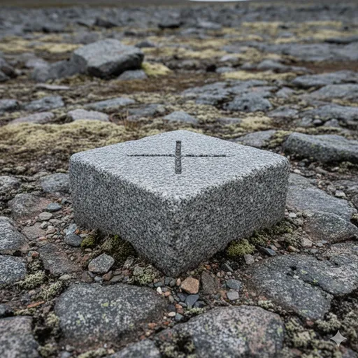 山頂や境界に設置された、十字の刻印がある古い石造りの測量基点（三角点）。揺るぎない「基点」を象徴。