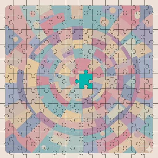 完成されたパズル(結果)の中の、特定の形状と色を持つ小さなピース(要素)が、全体の一部として組み込まれている様子を表すイラスト