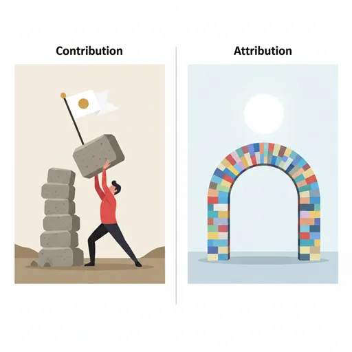 「貢献」を自ら目標（旗）を立てるために積極的に石を積み上げる人物として、「寄与」を全体の構造（アーチ）を間接的に支える個々の重要な要素（石）として対比させて表現したイラスト
