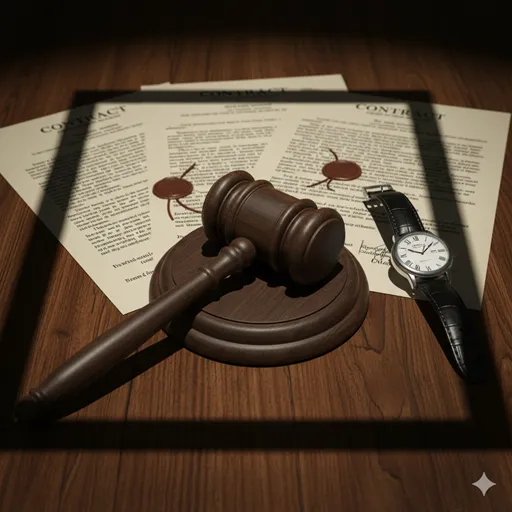 裁判所の木槌（ガベル）と、開いたままの契約書の横に整然と並べられた時計。公的なルールや義務による制限を象徴するイメージ。