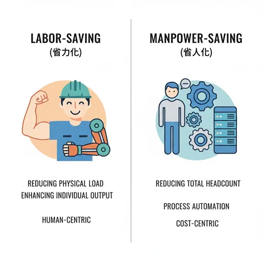 「省力化」と「省人化」を、労力(EFFORT)と人員(STAFFING)という軸で比較した英語のインフォグラフィック。
