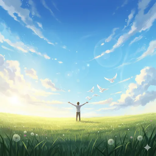 握りしめていた手を広げ、そこから鳥が青空へと飛び立っていく様子と、その手を優しく見つめる人物。