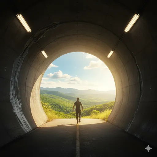 暗いトンネルを抜け、その先にある眩しいほどの光と広大な景色に向かって、晴れやかな表情で踏み出す一歩。