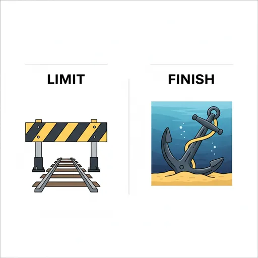 LIMIT(終点)を象徴する黄色の車止め標識と、FINISH(終着)を象徴する海底に下ろされた重厚な錨。
