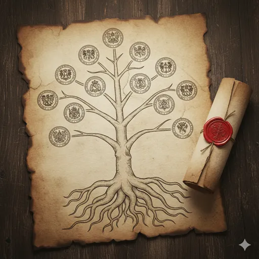古い羊皮紙に描かれた大きな樹木の図(家系図)と、赤い封蝋(シーリングワックス)。脈々と受け継がれる「正統性」を象徴。