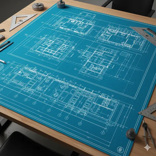 複雑な建築物の構造を描いた青い設計図。どの部品がどこに繋がるべきかが厳密に示されている。