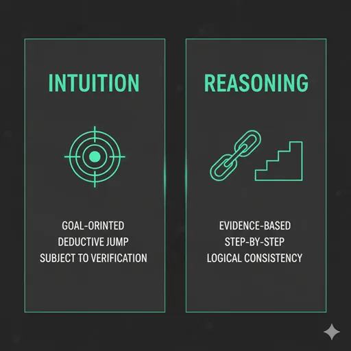 仮説（HYPOTHESIS）と推論（REASONING）を、方向（DIRECTION）と性質（NATURE）の軸で比較した英語のインフォグラフィック。