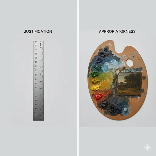 JUSTIFICATION(妥当)を象徴するまっすぐな定規と、APPROPRIATENESS(適当)を象徴する周囲の色に合わせた絵具のパレット。