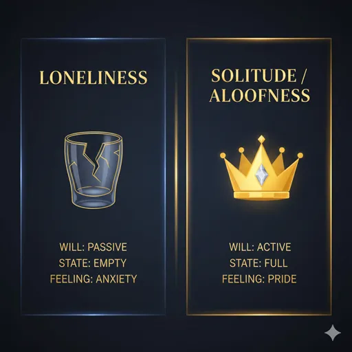 孤独（LONELINESS）と孤高（SOLITUDE / ALOOFNESS）を、意志（WILL）と精神（SPIRIT）の軸で比較した英語のインフォグラフィック。