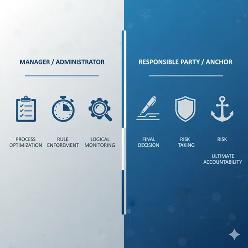 管理者（MANAGER）と責任者（RESPONSIBLE PARTY）を、プロセス（PROCESS）と結果（RESULT）の軸で比較した英語のインフォグラフィック。