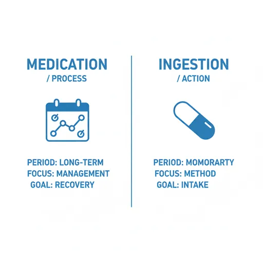 服薬(MEDICATION / PROCESS)と服用(INGESTION / ACTION)を、期間(PERIOD)と目的(GOAL)で比較した英語のインフォグラフィック。