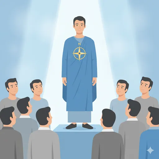 倫理的で高潔な人物（模範）が、道徳的な羅針盤（コンパス）を持ち、他の人々の進むべき方向を静かに示している様子を表すイラスト