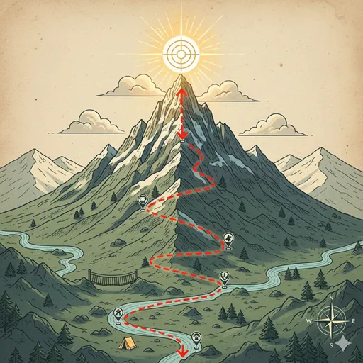登山において、最終的に到達すべき頂上（目的）が明確な目印として設定され、そこまでのルートが具体的に描かれている地図のイラスト