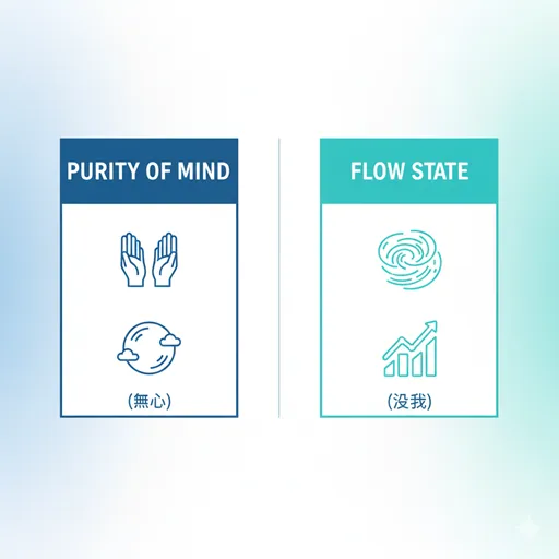 「無心」と「没我」の違いを「意識の焦点（Focus of Mind）」「熟練度（Skill Level）」などで比較したインフォグラフィック