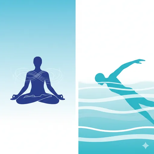 「無心」を空（クリアな心）に浮かぶ静かな瞑想者として、「没我」を水（行為）と一体化し、勢いよく泳ぐ競技者として対比させたイラスト