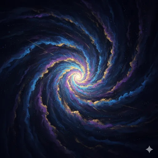 宇宙の中で光り輝く星雲のように、様々な色と形が混ざり合いながら広がっていく抽象的なエネルギーの塊。
