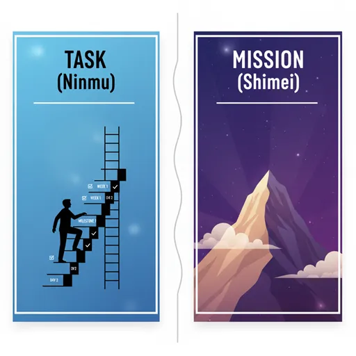 「任務」を、上司の指示が書かれた具体的な一歩一歩の階段（短期的なステップ）として、「使命」を、その階段の先にそびえ立つ雄大で永続的な山頂（最終的な目標と理想）として対比させたイラスト