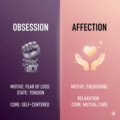 執着（OBSESSION / CLINGING）と愛着（AFFECTION / BONDING）を、動機（MOTIVE）と結果（OUTCOME）の軸で比較した英語のインフォグラフィック。