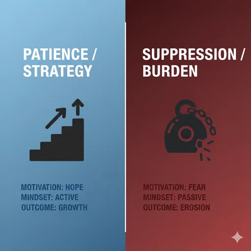 忍耐（PATIENCE / INVESTMENT）と我慢（SUPPRESSION / BURDEN）を、動機（MOTIVATION）と結果（OUTCOME）で比較した英語のインフォグラフィック。