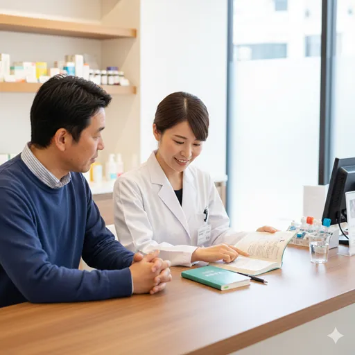 薬剤師と患者が、お薬手帳を広げながら穏やかに話し合っている、信頼関係を感じさせる風景。
