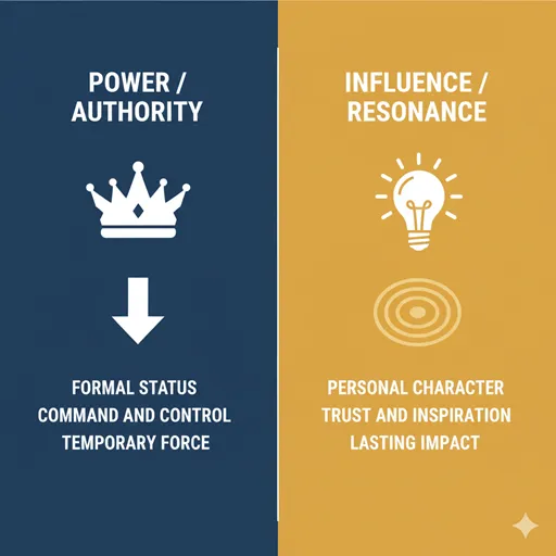 権力(POWER)と影響力(INFLUENCE)を、源泉(SOURCE)と性質(NATURE)の軸で比較した英語のインフォグラフィック。
