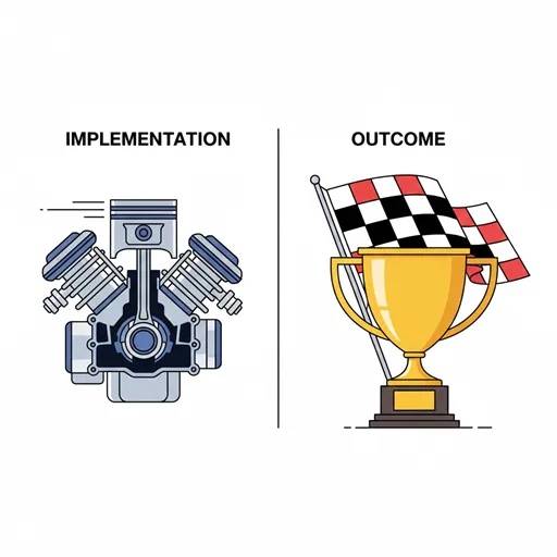 IMPLEMENTATION（実効性）を象徴するエンジンのピストン運動と、OUTCOME（有効性）を象徴するチェッカーフラッグ。