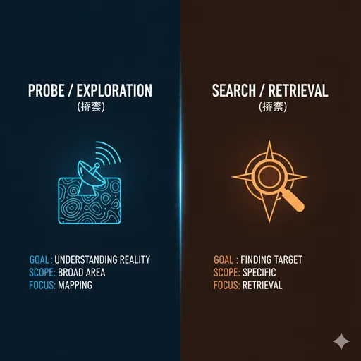 探査(PROBE / SURVEY)と探索(SEARCH / QUEST)を、範囲(SCOPE)と目標(TARGET)の軸で比較した英語のインフォグラフィック。