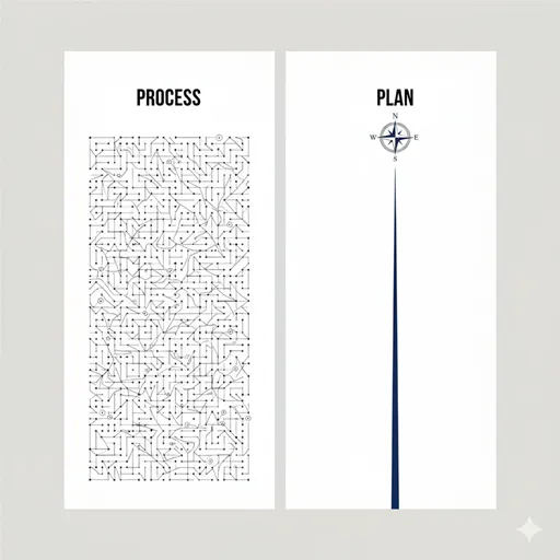 PROCESS(経路)を象徴する入り組んだ迷路の図と、PLAN(ルート)を象徴するシンプルなコンパスと直線的な地図。