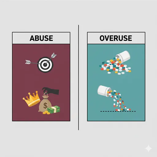 「濫用」と「乱用」の違いを「逸脱の焦点（Focus of Violation）」や「行為の性質（Nature of Act）」などで比較したインフォグラフィック