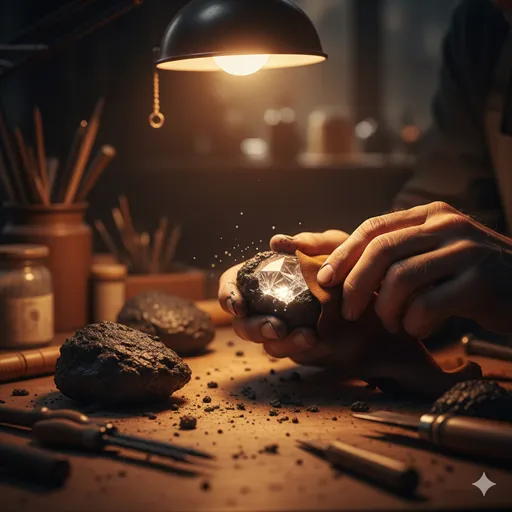 泥のついた原石を丁寧に磨き、そこから輝く宝石を見つけ出す知的な作業の手元。