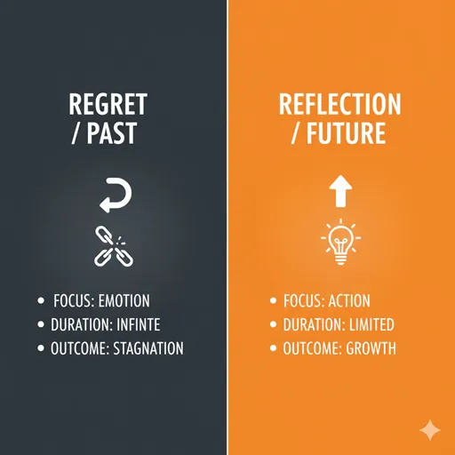 後悔(REGRET / PAST)と反省(REFLECTION / FUTURE)を、焦点(FOCUS)と成果(OUTCOME)で比較した英語のインフォグラフィック。