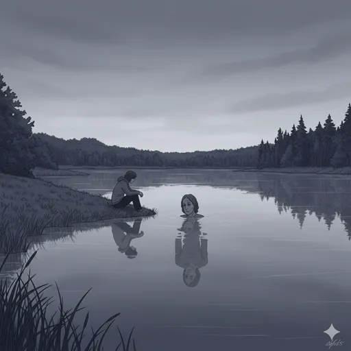 水面に映る自分の姿を悲しげに見つめ、周囲が止まってしまったかのような静かなモノクロの風景。