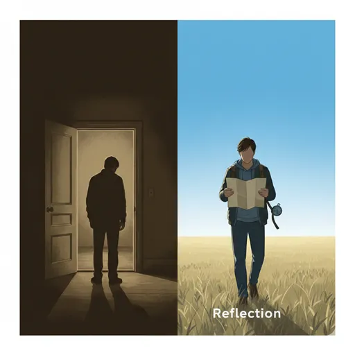 暗い部屋で後ろを振り返り俯く影（後悔）と、明るい屋外で地図を広げ前を見据える人物（反省）の対比。