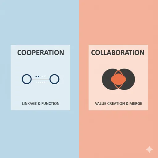 「連携」と「協働」の違いを「活動の深度（Depth of Activity）」や「主体の独立性（Autonomy of Entities）」などで比較したインフォグラフィック