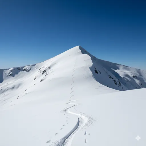誰もいない雪山に、目的地を目指して一本だけ美しく描かれたスキーの跡。意図的な選択である「ルート」を象徴。