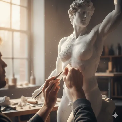 彫刻家が美しい像を彫り上げ、最後に細部を整えている手元の風景。